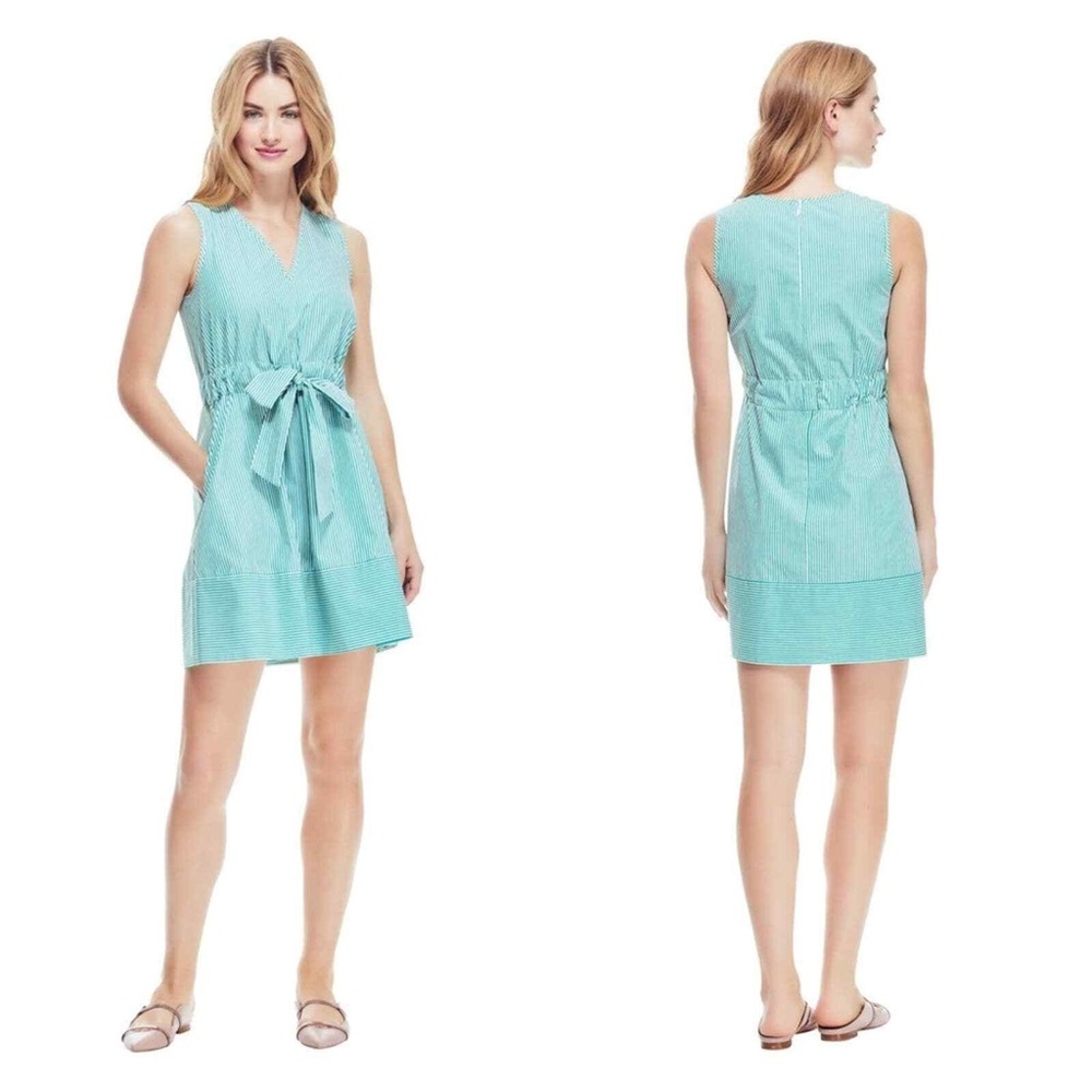 Pearl by Lela Rose Green White Striped Cotton Tie Waist Dress XS